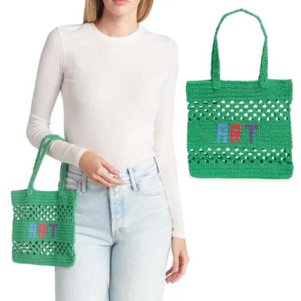 New! Vanessa Arizaga Art Crochet Tote Bag In Green/ Multi 17076